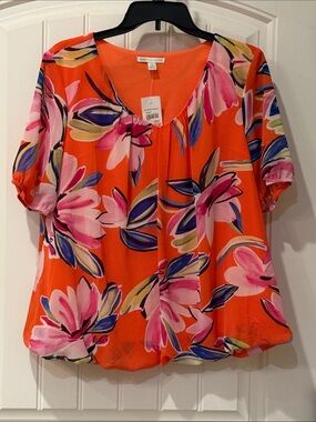 Cato Bright Orange Floral V-Neck Blouse